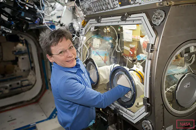 Peggy working with the Microgravity Sciences Glovebox in the Destiny US Laboratory on her last visit to space