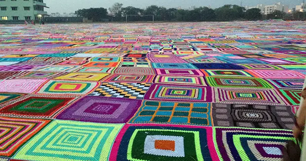 Close up of largest crochet blanket