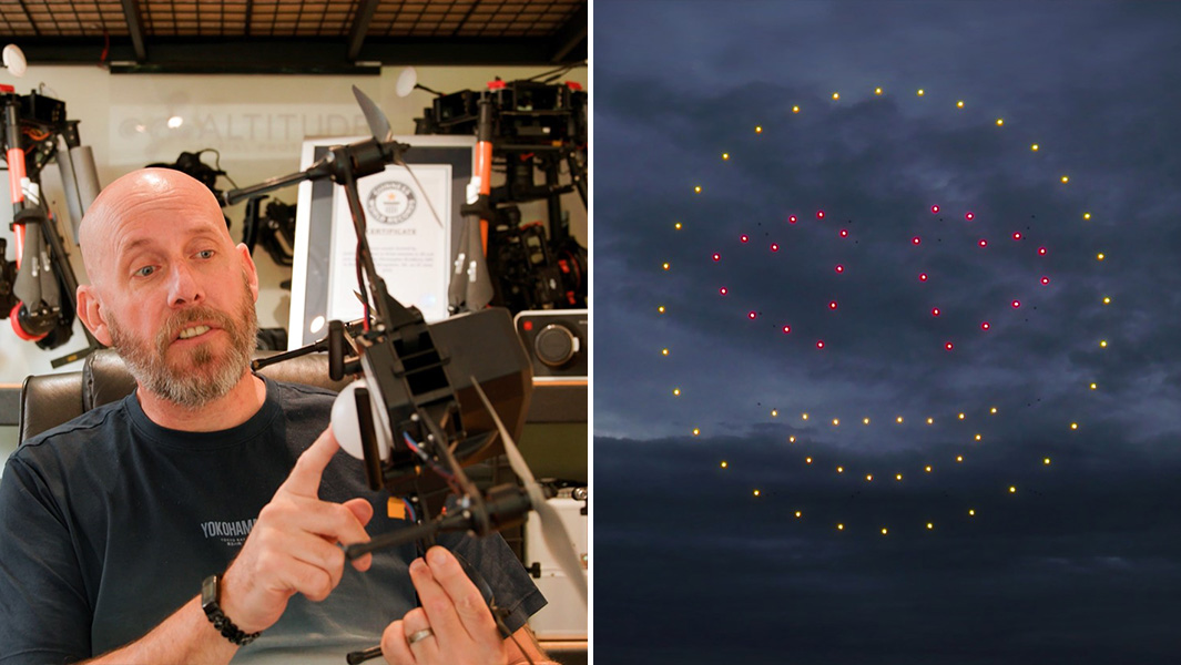 Split image of Christopher Bradbury holding a drone and an emoji formed by drones