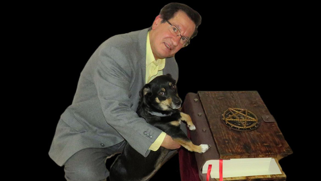 split image of Michele with his dog, his book cover and him sitting at his computer