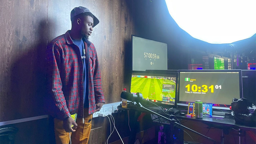 split image of record holder during attempt and posing with certificate