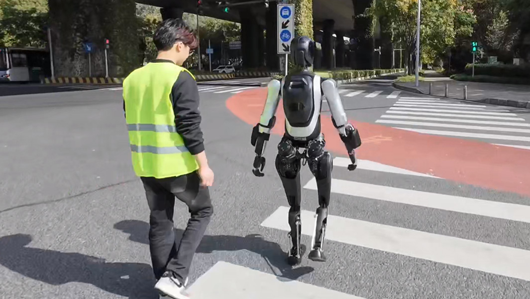 split image of robot walking along the street