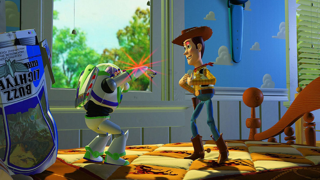 Buzz Lightyear aiming his laser at Woody in Toy Story