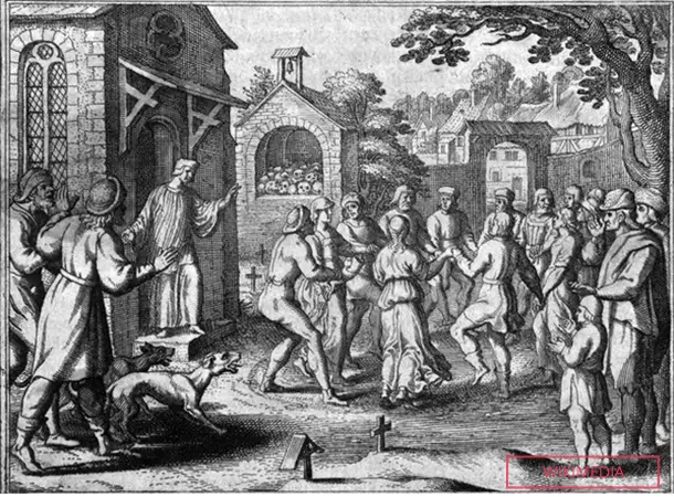 A German engraving of hysterical dancers in a churchyard