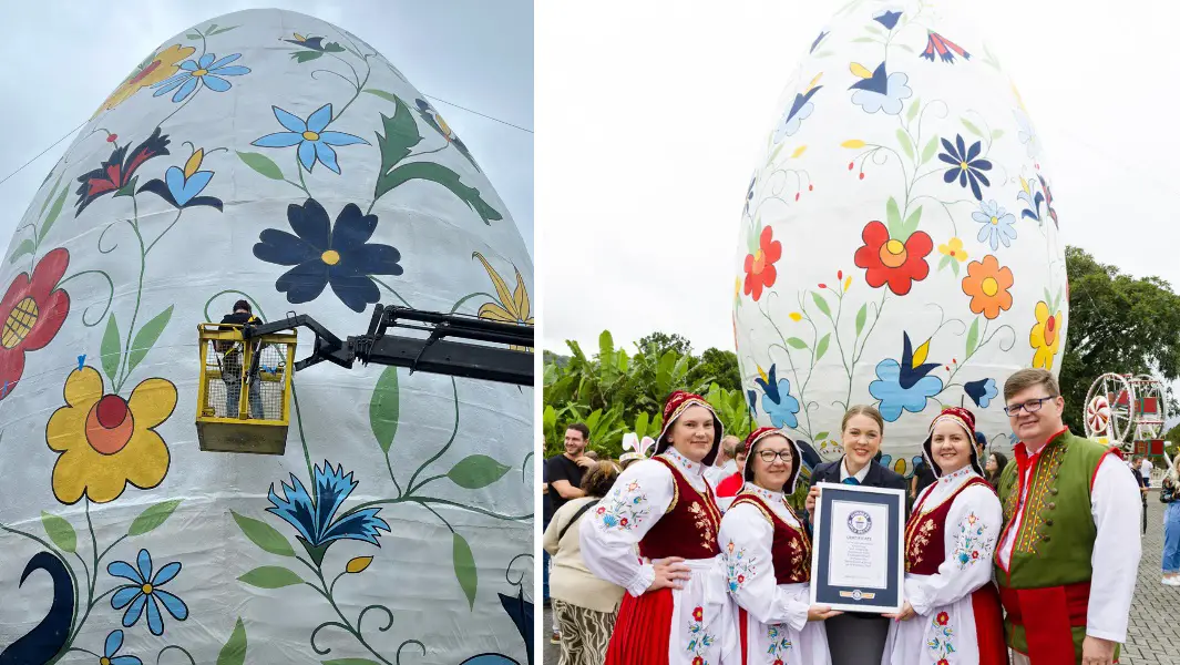 O maior ovo de Páscoa decorado do mundo – maior que três girafas – foi lançado no Brasil