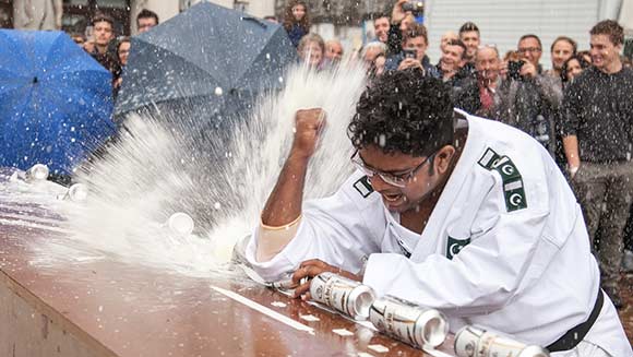 Video: Pakistani martial arts expert crushes 77 drinks cans and a world record with his elbow