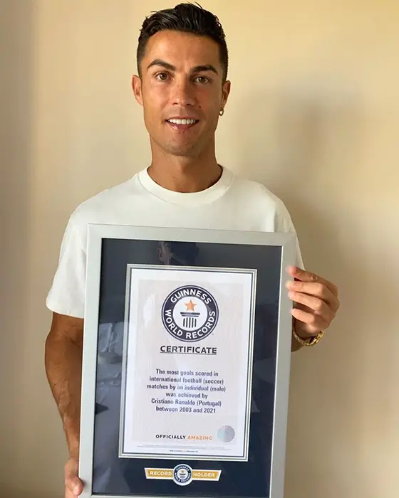Ronaldo holding his Guinness World Records certificate for the most goals scored in international football matches (male)