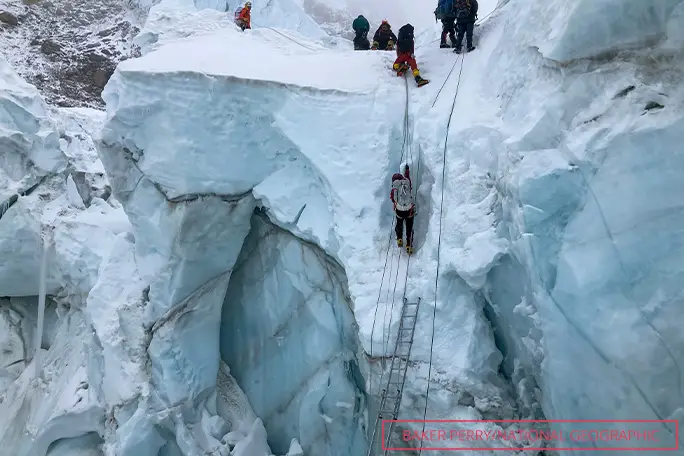 The expedition team navigates the Khumbu Icefall