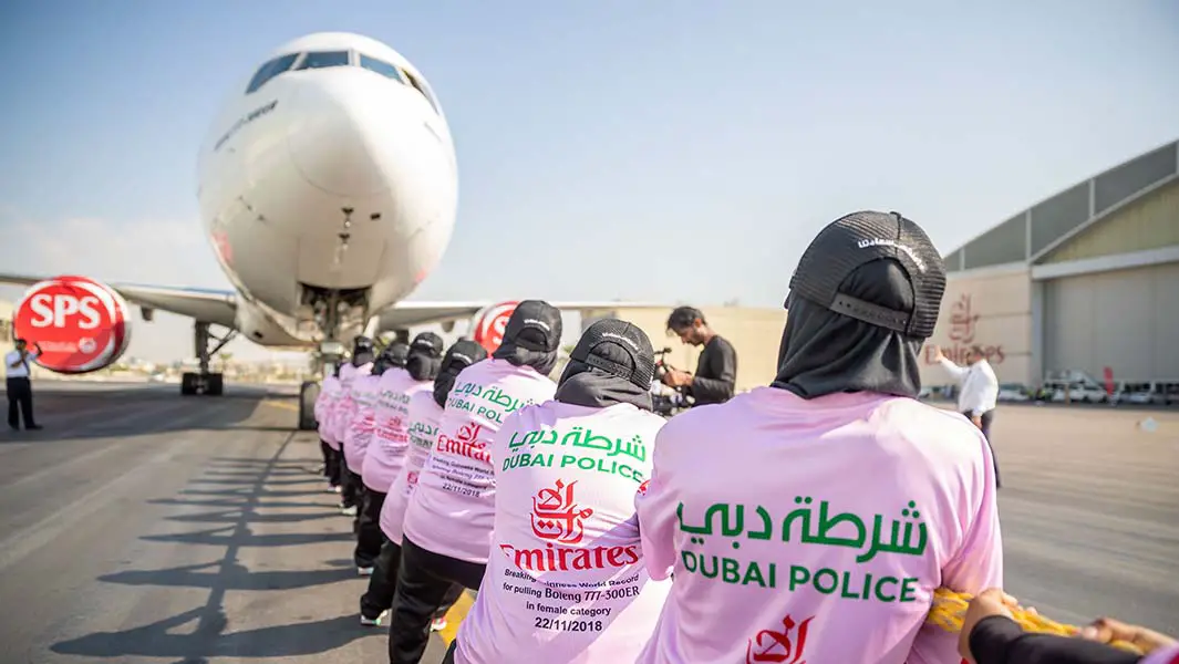 Dubai policewomen pull Boeing 777 100 m to set new record 