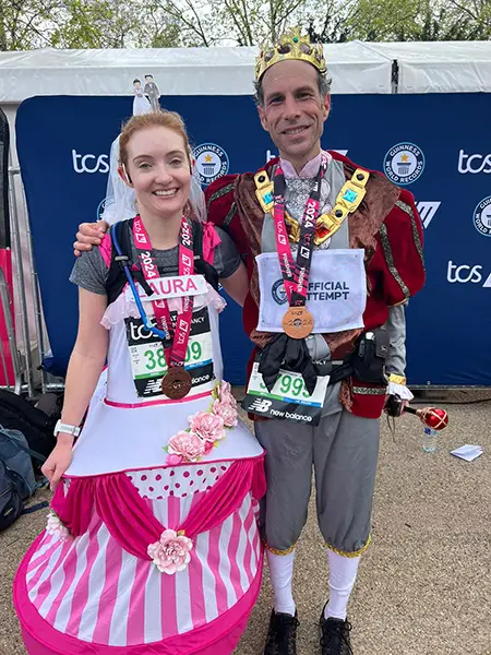 Laura Baker with Gilles Duffosse (fastest marathon dressed as a monarch)