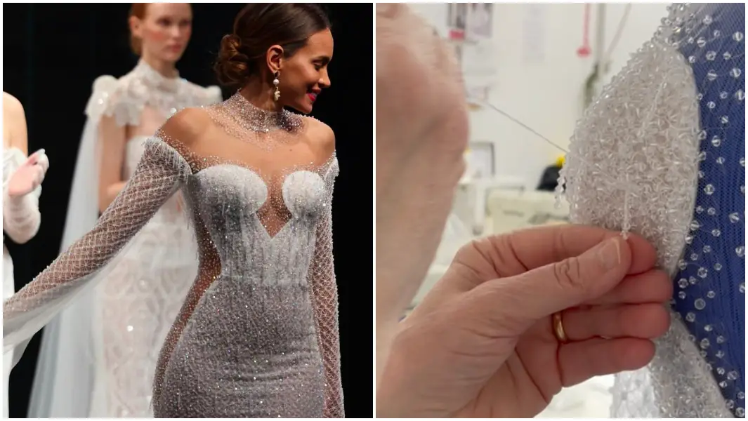 A sparkling wedding dress with more than 50,000 crystals took 200 hours to sew