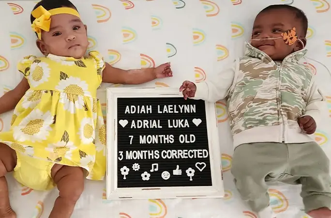 Adiah (left) and Adrial (right) at seven months old, or a corrected age of three months