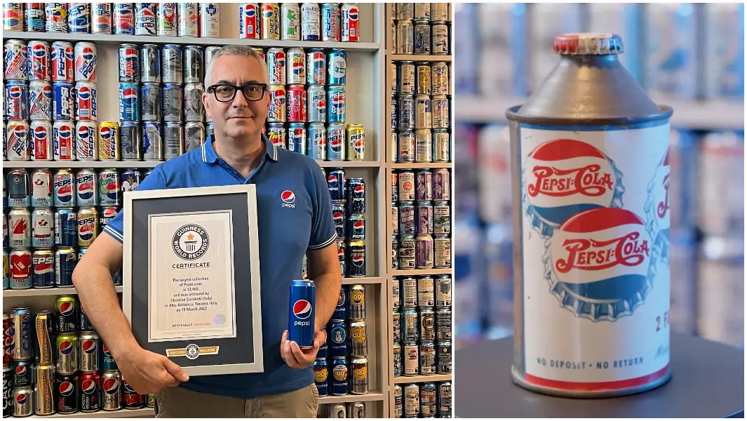 largest collection of pepsi cans record holder holding certificate and close up of oldest can in collection