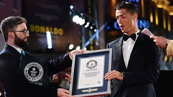Footballer Cristiano Ronaldo awarded with Guinness World Records certificates at London film premiere