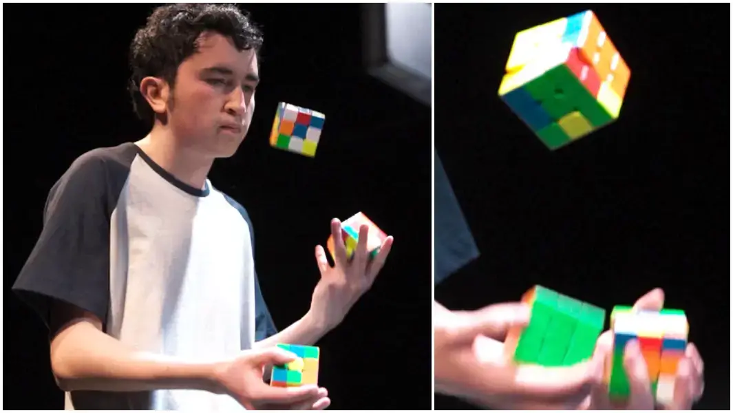 rotating puzzle cube juggling split image with close up of cubes
