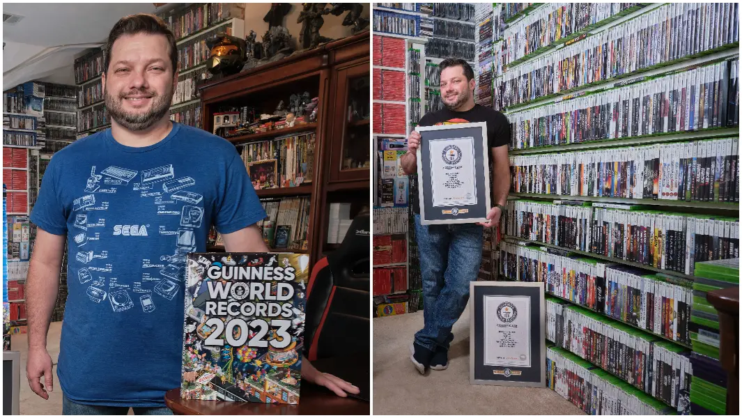 split image of antonio romero monteiro posing alongside gwr book and holding his certificate in his videogame display room
