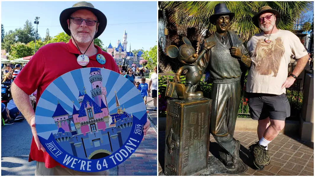 split image of jeff reitz holding a disney sign and posing with walt disney statue