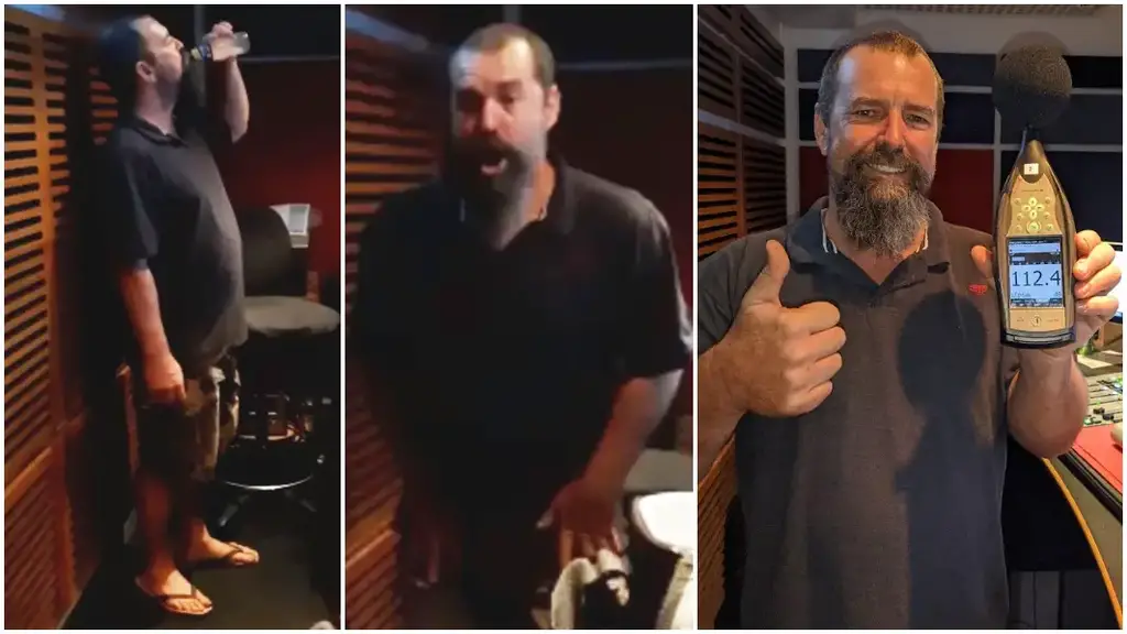 split image of loudest burp record holder before during and after attempt