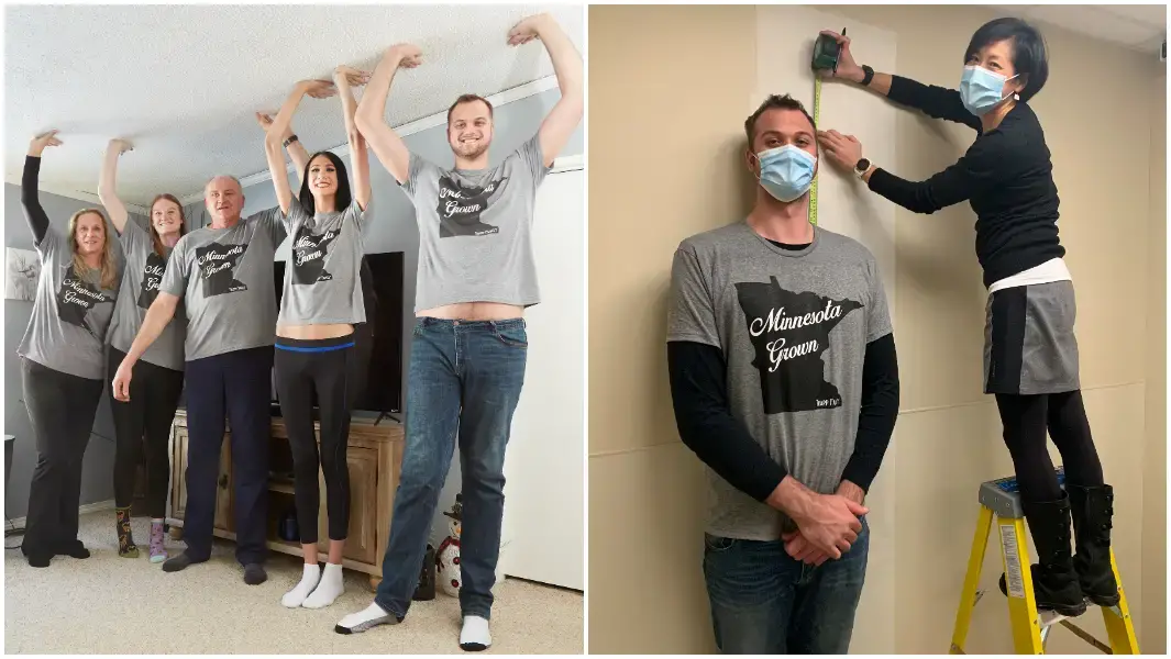 split image of trapp family touching the ceiling and adam being measured