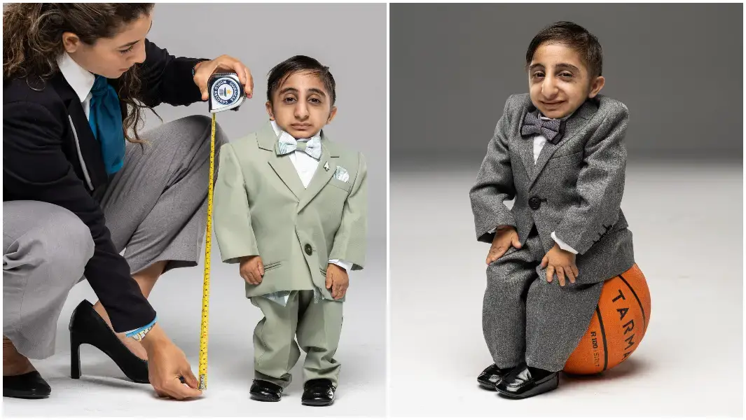 split image of worlds shortest man being measured and sitting on a basketball