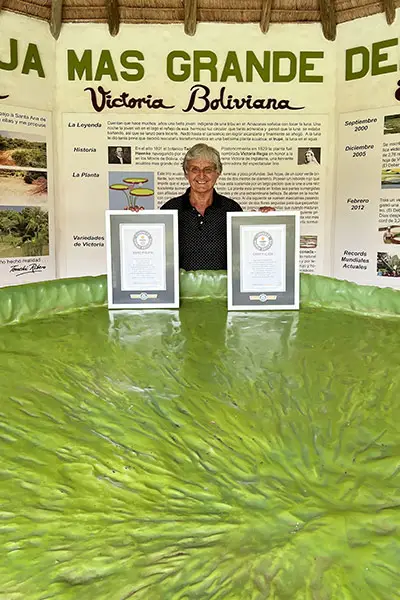 Tonchi proudly shows his GWR certificates besides the preserved record-breaking waterlily leaf at La Rinconada