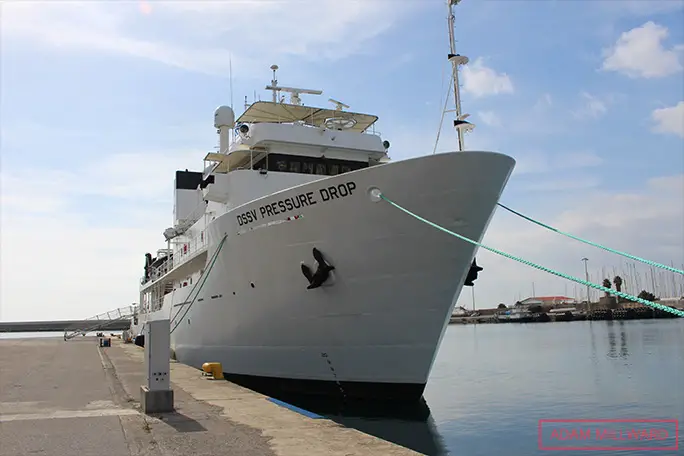 Vescovo's state-of-the-art research vessel, Pressure Drop, moored in Kalamata, Greece, in early 2020