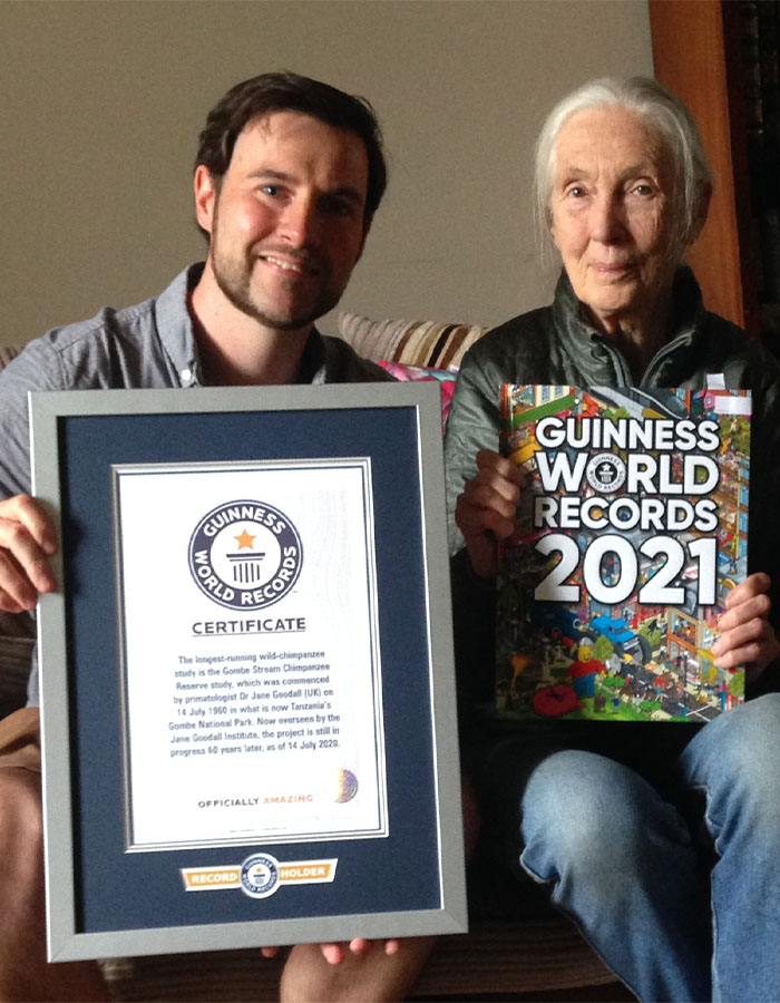 Adam Millward and Dr Jane Goodall with GWR Book and Certificate