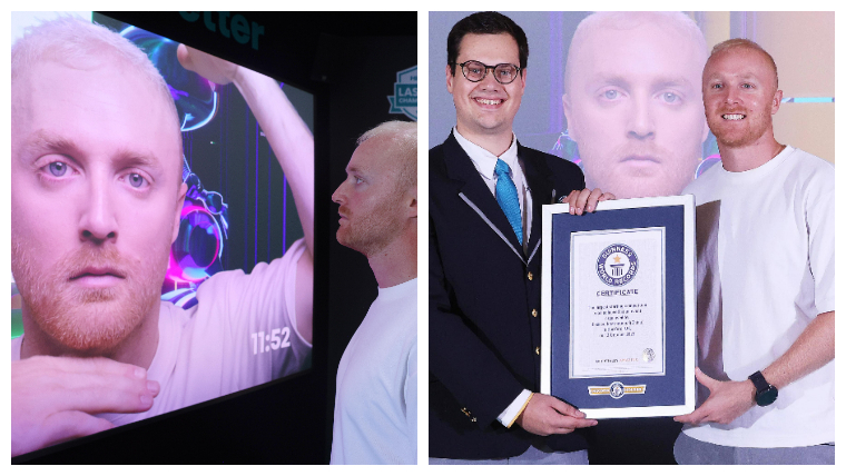 On the left influencer Theo James stares at himself via Hisense TV screens and on the right he is awarded the Guinness World Records certificate 