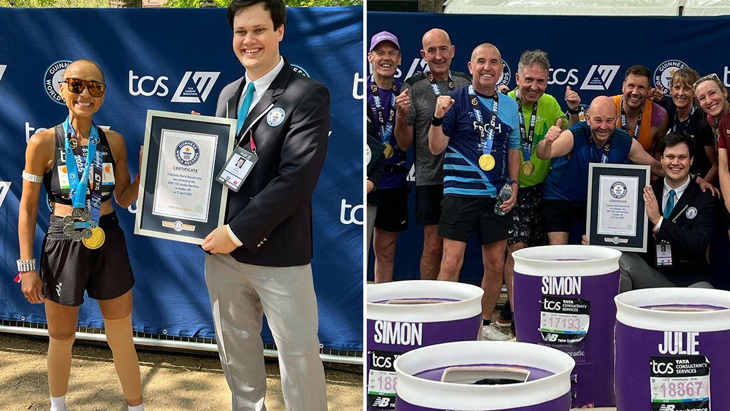 split image of adele roberts being presented with a guinness world records certificate and a crowd of people cheering wearing guinness world records medals