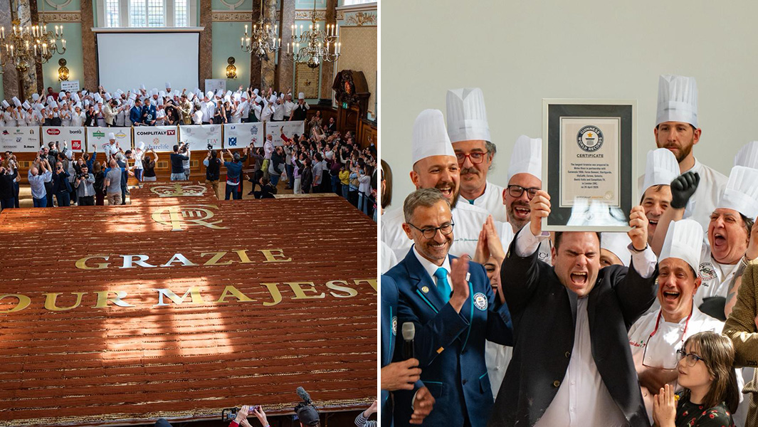 split image of the longest tiramisu and a man celebrating while holding a guinness world records certificate