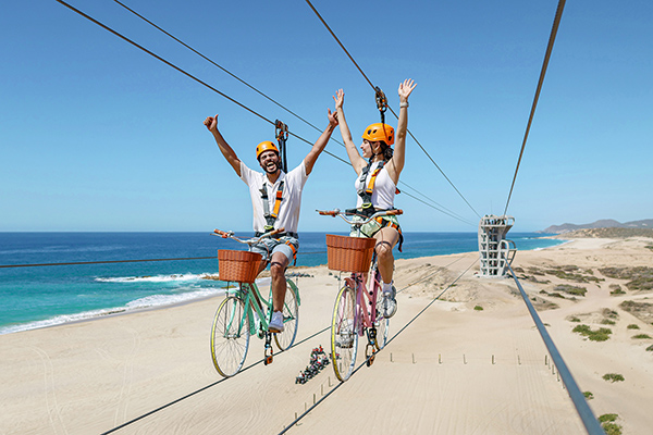 Longest bicycle zip wire with blue sky