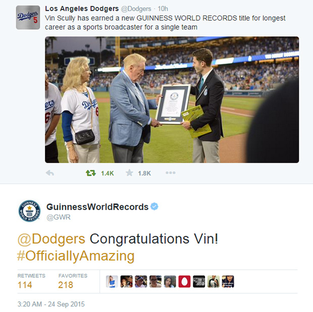 Los Angeles Dodgers broadcaster Vin Scully scores record for career ...