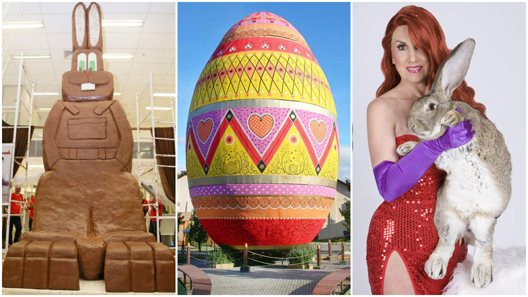 easter split image chocolate rabbit largest egg longest rabbit
