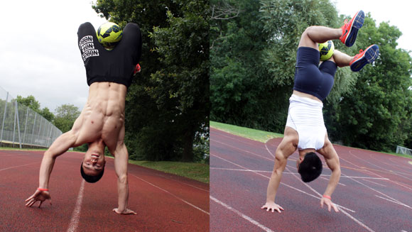 Fastest 50 m walking on hands with a football between the legs header