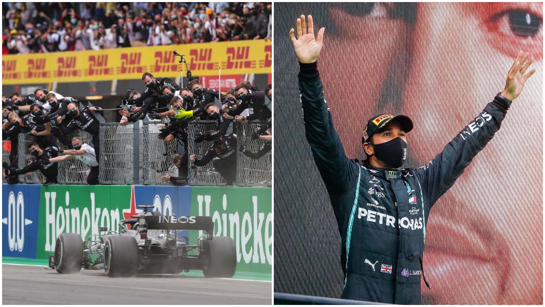 split image of lewis hamilton driving at the portuguese grand prix and on the podium
