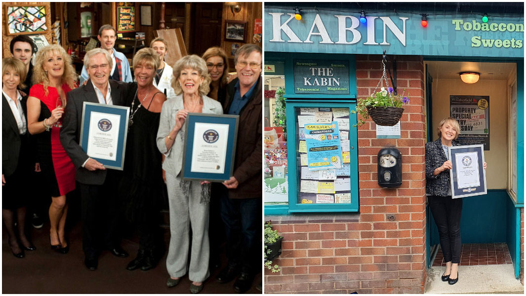 cast of Coronation Street with Guinness World Records certificates and the Kabin