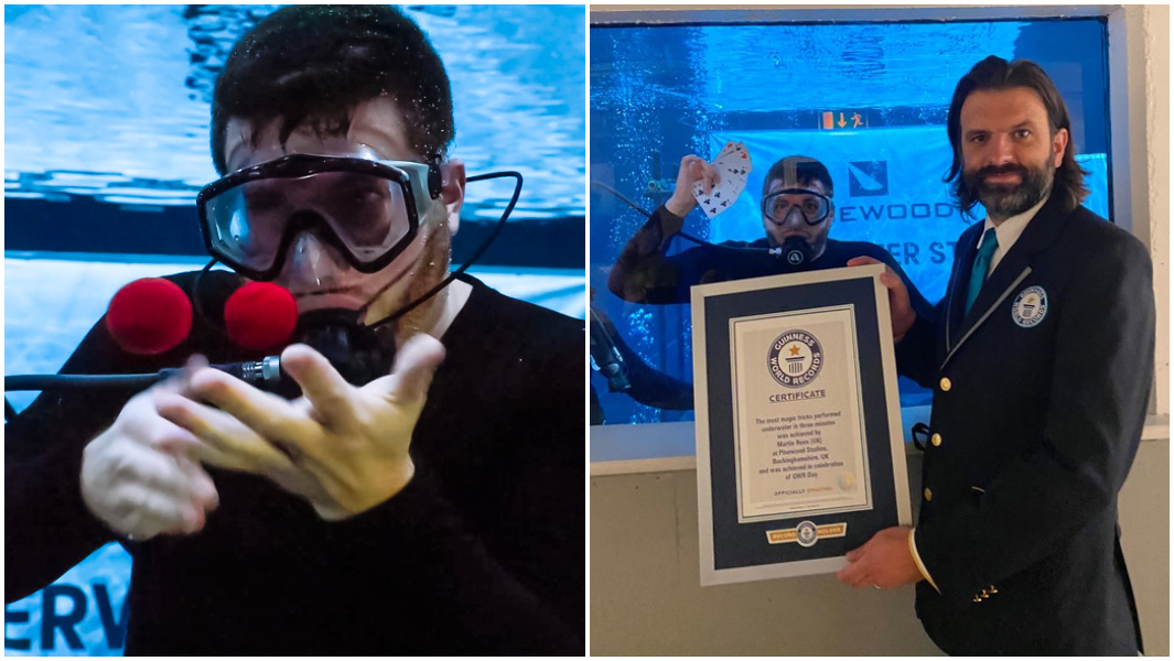 split image martin rees doing a magic trick under water and being presented with certificate