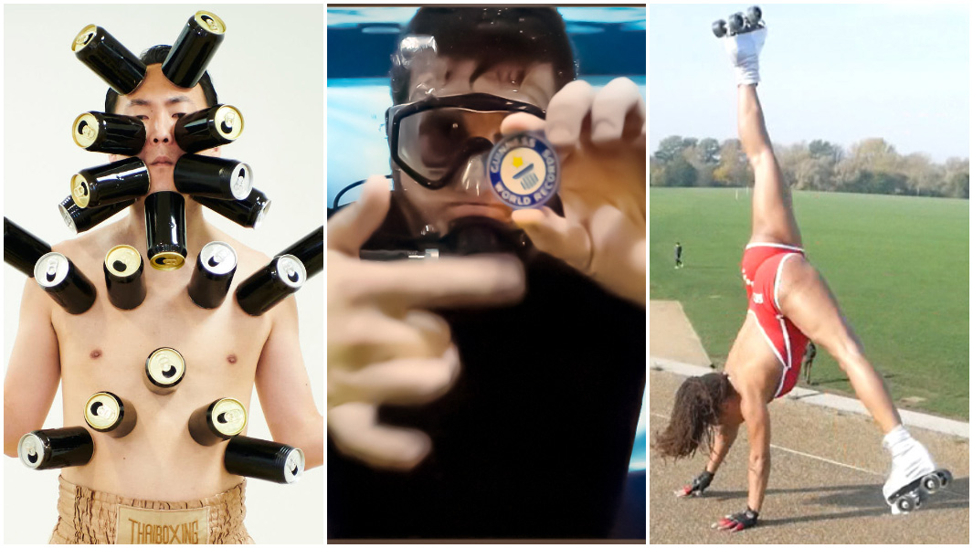 guinness world records day split image most cans on the skin most magic tricks underwater roller skate cart wheels