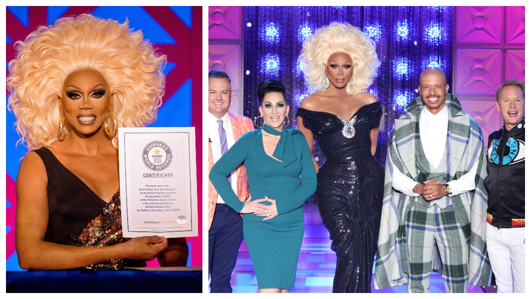 RuPaul with certificate and judges on runway