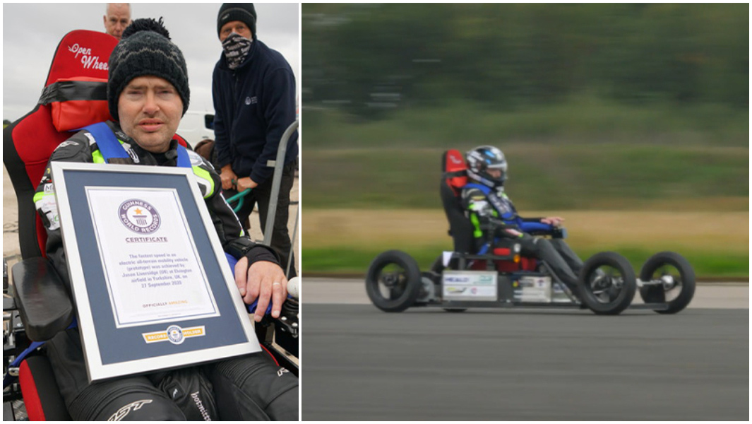 split image of jason liversidge with his certificate and during his land speed attempt