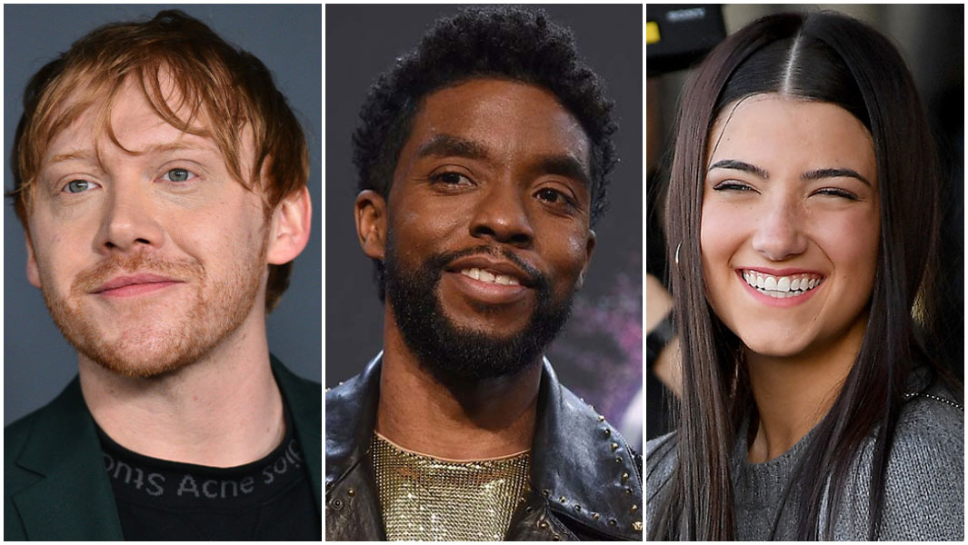 split image of rupert grint chadwick boseman and charli d'amelio