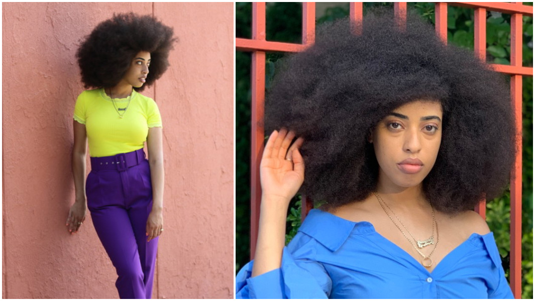 split image of simone williams who has largest afro female