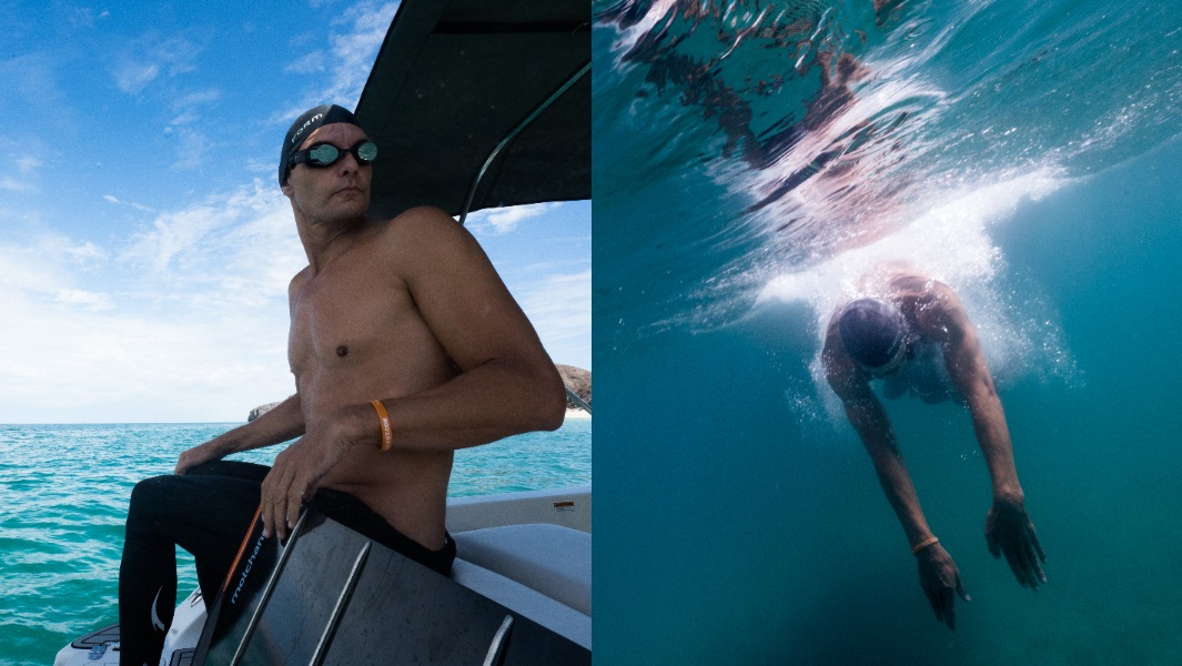 split image of stig severian sitting on a boat and diving into water