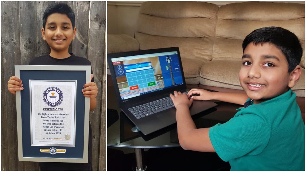 nadub holding his Guinness World Records Certificate and playing times tables rock stars