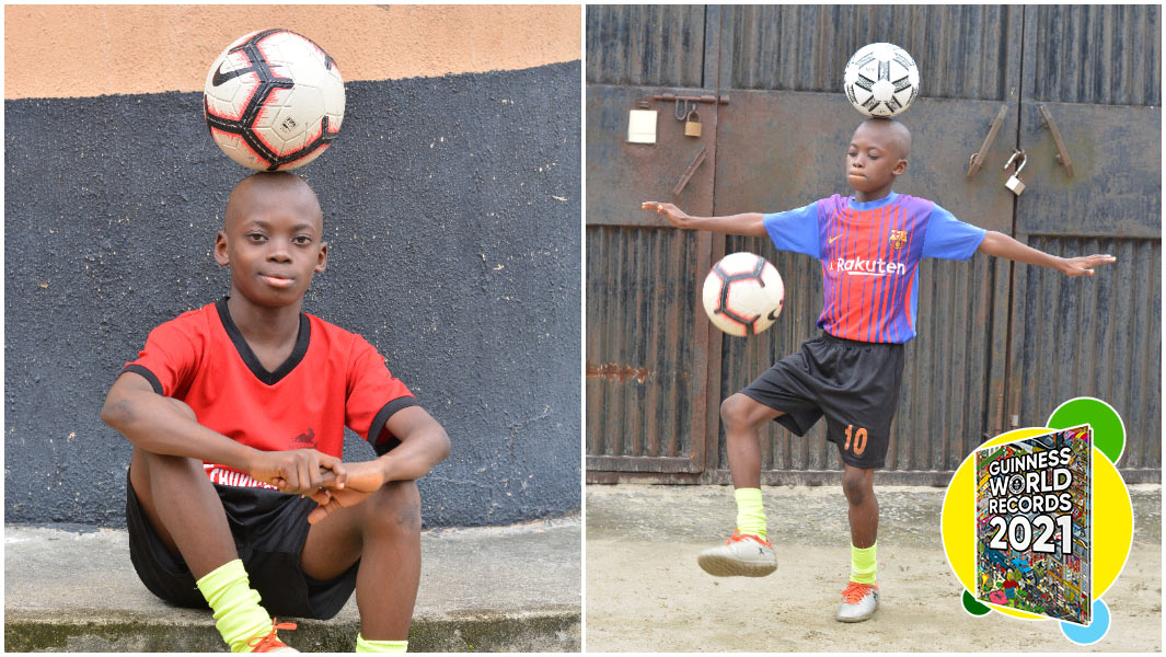 amazing kid eche looking at the camera and balancing ball on his head