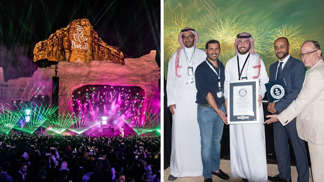 A-collage-image-of-a-video-displayed-on-Al-Qiddiya-cliff-and-a-gwr-certificate-presentation