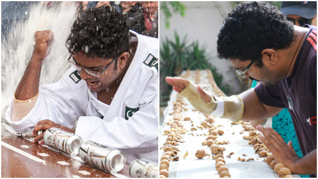 Muhammad Rashid smashing drinks cans and walnuts
