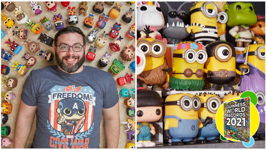 record holder on the floor surrounded by funko pops and close up of shelves