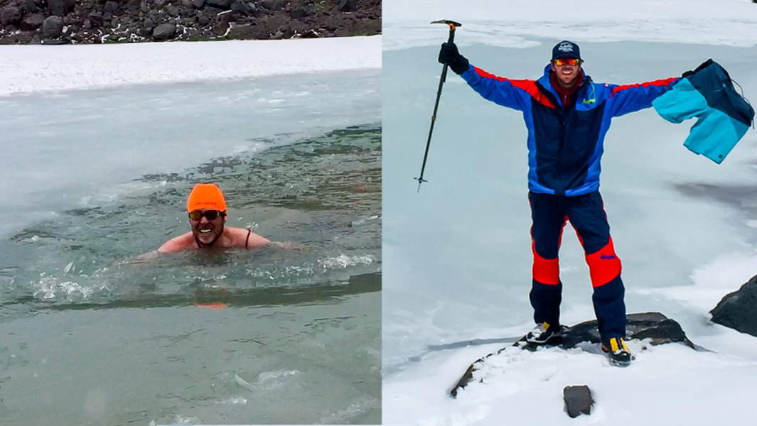 Split image of dan bull for the highest altitude swim