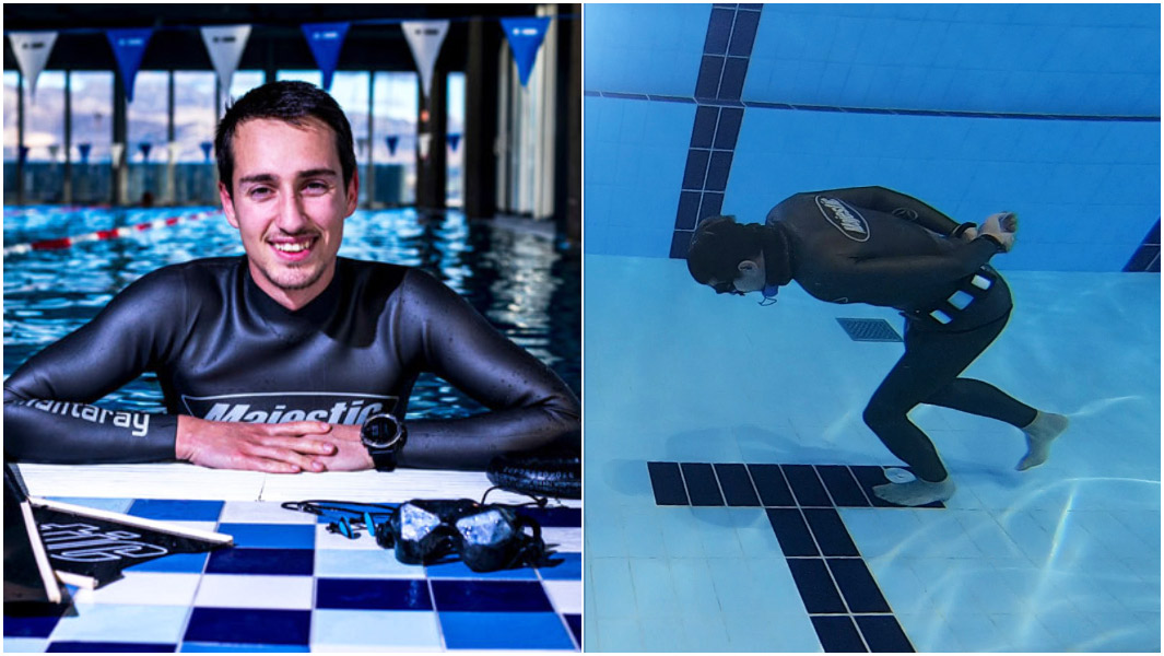 split image of longest under water walk side of pool and during attempt